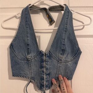 Edikted Denim Halter Crop Top - Light Blue